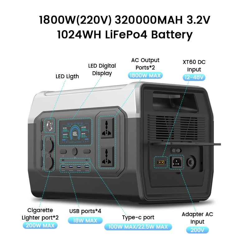 1024Wh Portable Power Station UPS Solar Generator 110V 220V Lifepo4 Battery Energy Storage Supply Camping Campervan RV Outdoor 