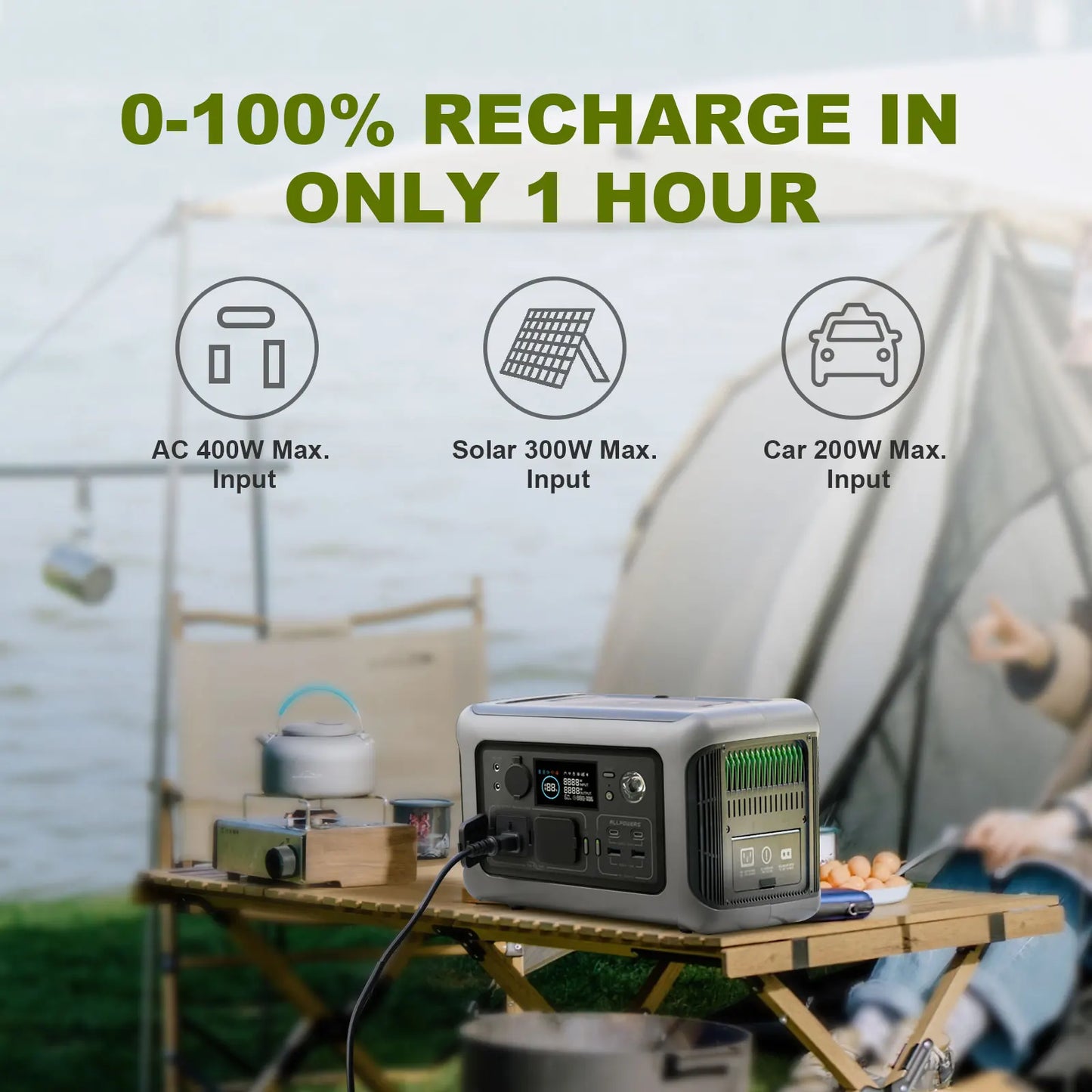 ALLPOWERS Estación de energía portátil R600, batería LiFeP04 de 299Wh con 2 salidas de CA de 600W (1200W) para acampar al aire libre, RV y hogar
