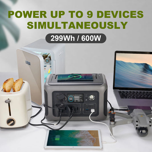 ALLPOWERS Estación de energía portátil R600, batería LiFeP04 de 299Wh con 2 salidas de CA de 600W (1200W) para acampar al aire libre, RV y hogar