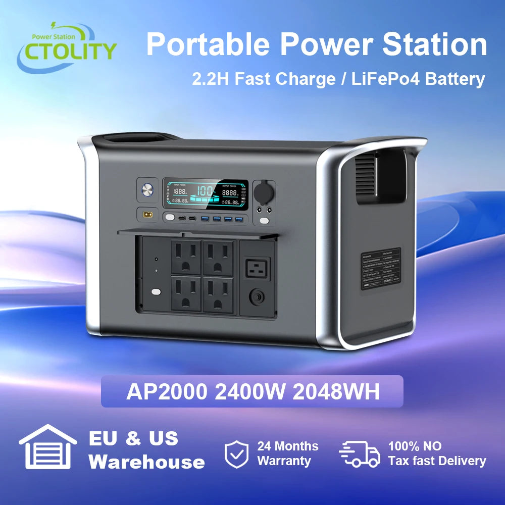 2400W Portable Power Station 2048Wh LiFePO4 Batter, 2 Hour Fast Charging, 220V/110V AC Outlets UPS Camping Solar Generator