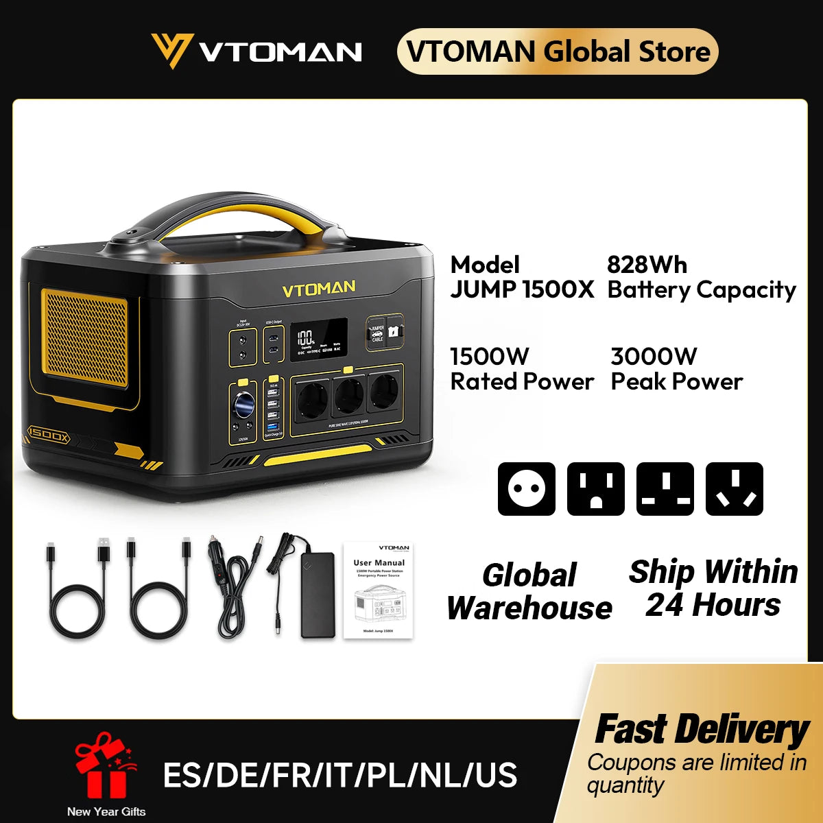 VTOMAN JUMP 1500X Portable Power Station Camping LiFePO4 Battery 828Wh 1500W AC Outlets Solar Generator For Home RV Outdoor