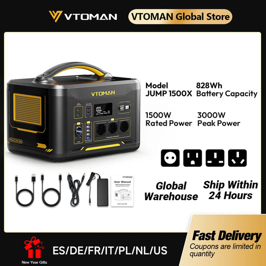 VTOMAN JUMP 1500X Portable Power Station Camping LiFePO4 Battery 828Wh 1500W AC Outlets Solar Generator For Home RV Outdoor