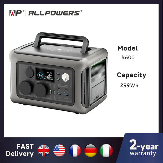 ALLPOWERS Estación de energía portátil R600, batería LiFeP04 de 299Wh con 2 salidas de CA de 600W (1200W) para acampar al aire libre, RV y hogar